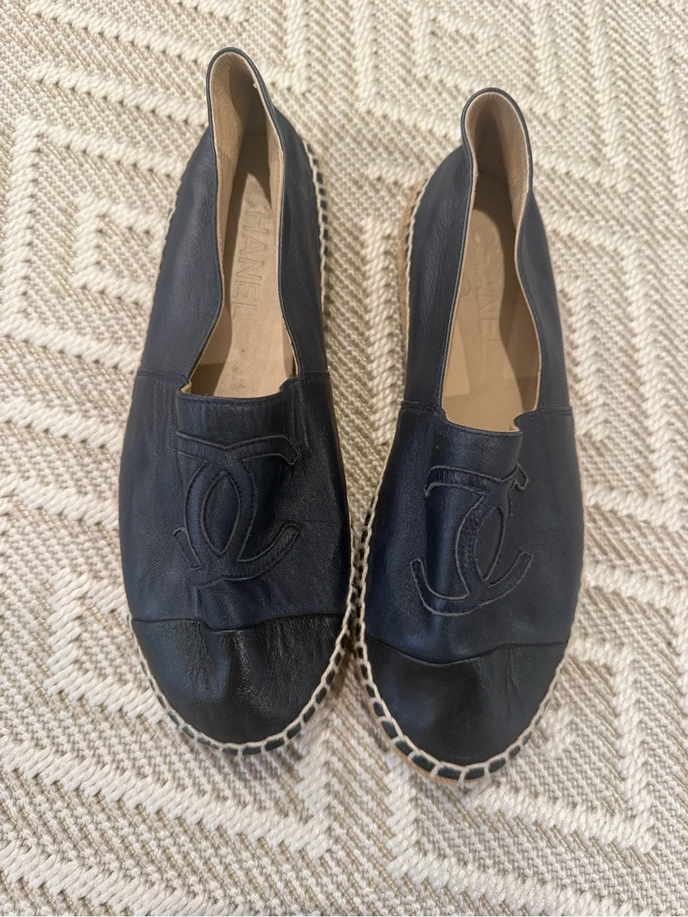 Chanel Navy and Black Leather Espadrille Loafers - Picture 2 of 6